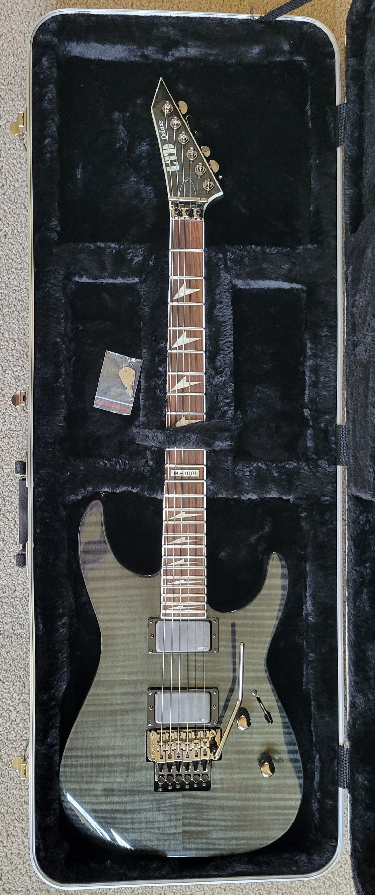 ESP LTD Deluxe M-1001 Electric Guitar, Flame Maple See Through Black, New Hard Shell Case