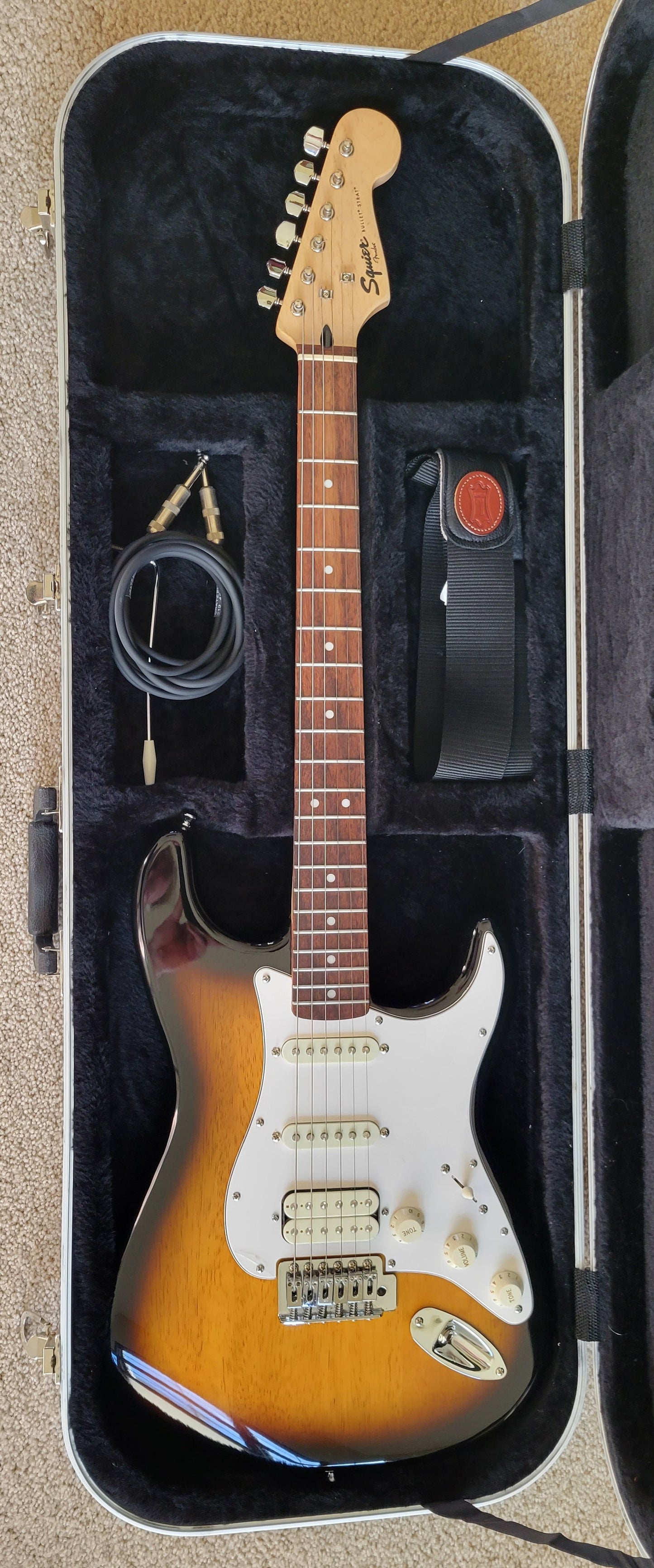 Fender Squier Bullet Stratocaster HSS Electric Guitar, Brown Sunburst, Hard Shell Case