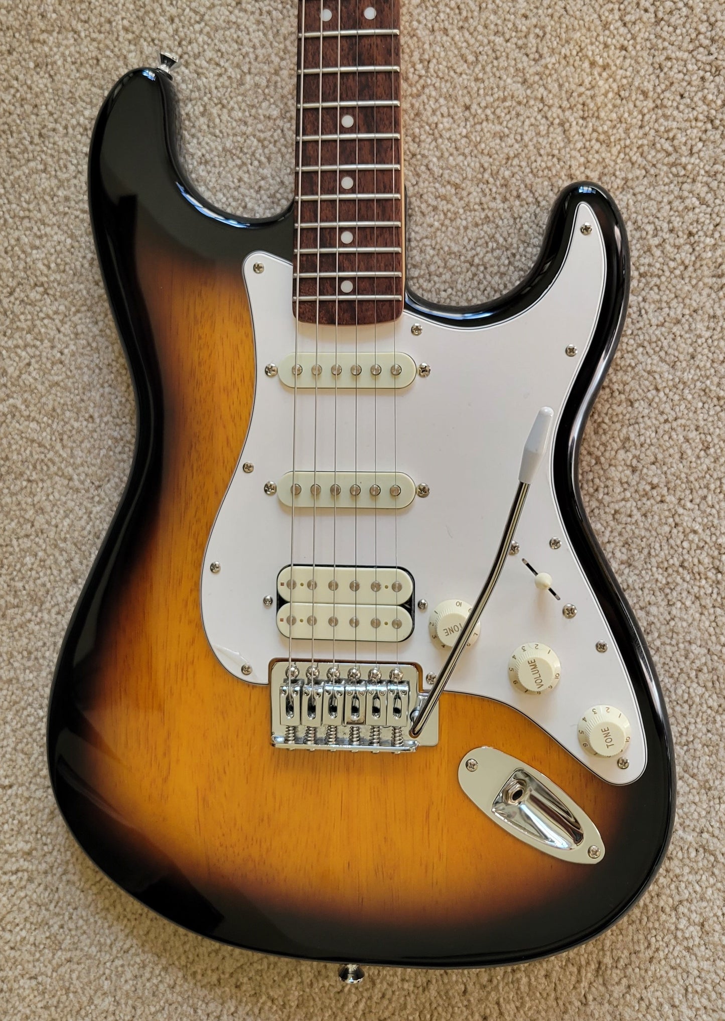 Fender Squier Bullet Stratocaster HSS Electric Guitar, Brown Sunburst, Hard Shell Case