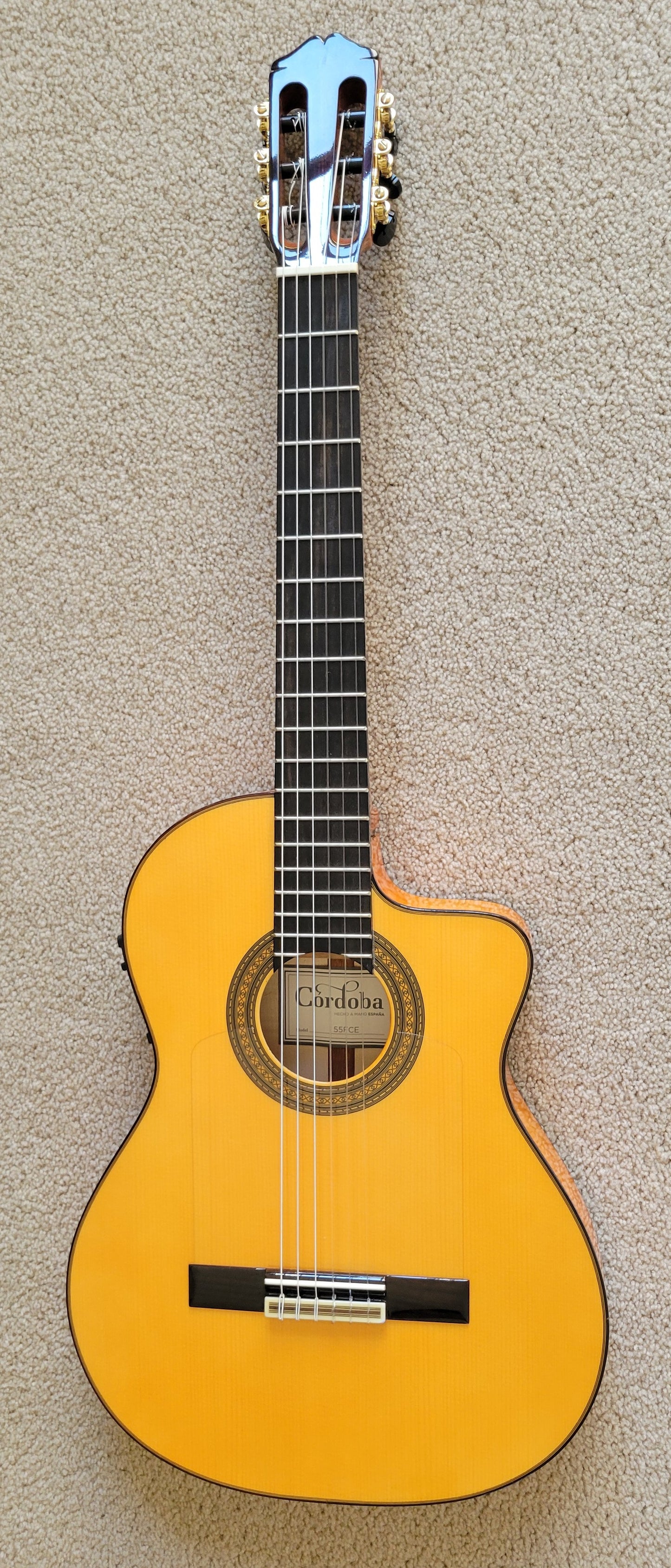 Cordoba 55FCE Spanish Thinbody Gipsy Kings Acoustic Electric Guitar, Honey Amber, HumiCase Hard Shell Case