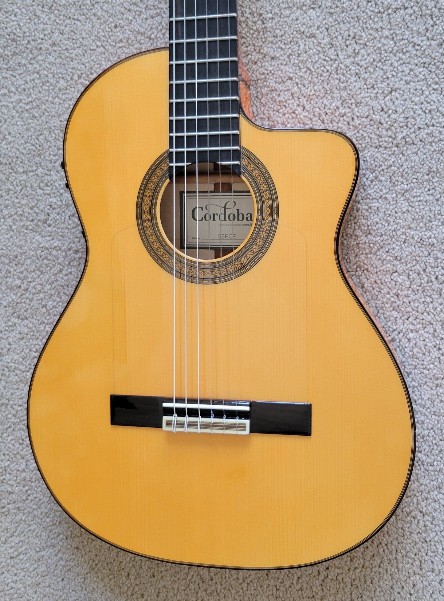 Cordoba 55FCE Spanish Thinbody Gipsy Kings Acoustic Electric Guitar, Honey Amber, HumiCase Hard Shell Case