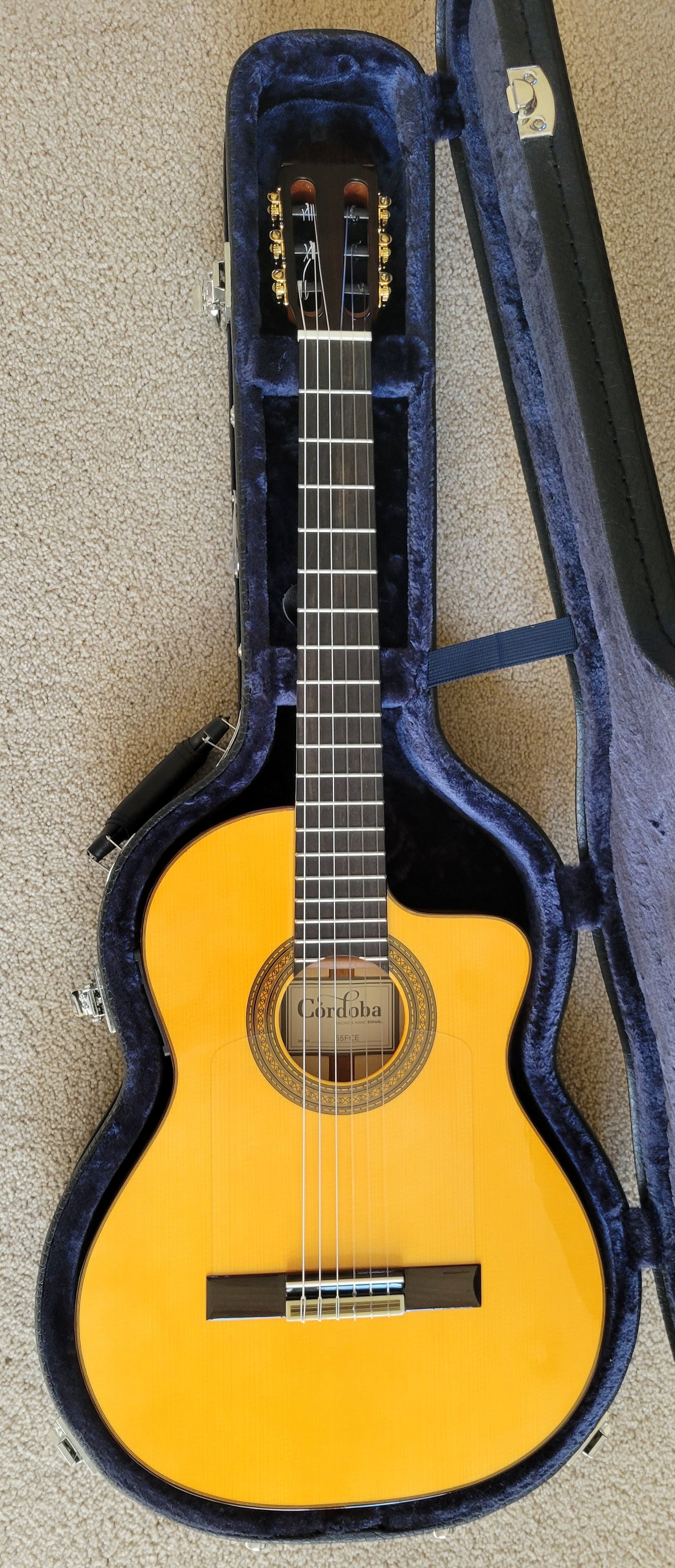 Cordoba 55FCE Spanish Thinbody Gipsy Kings Acoustic Electric Guitar, Honey Amber, HumiCase Hard Shell Case