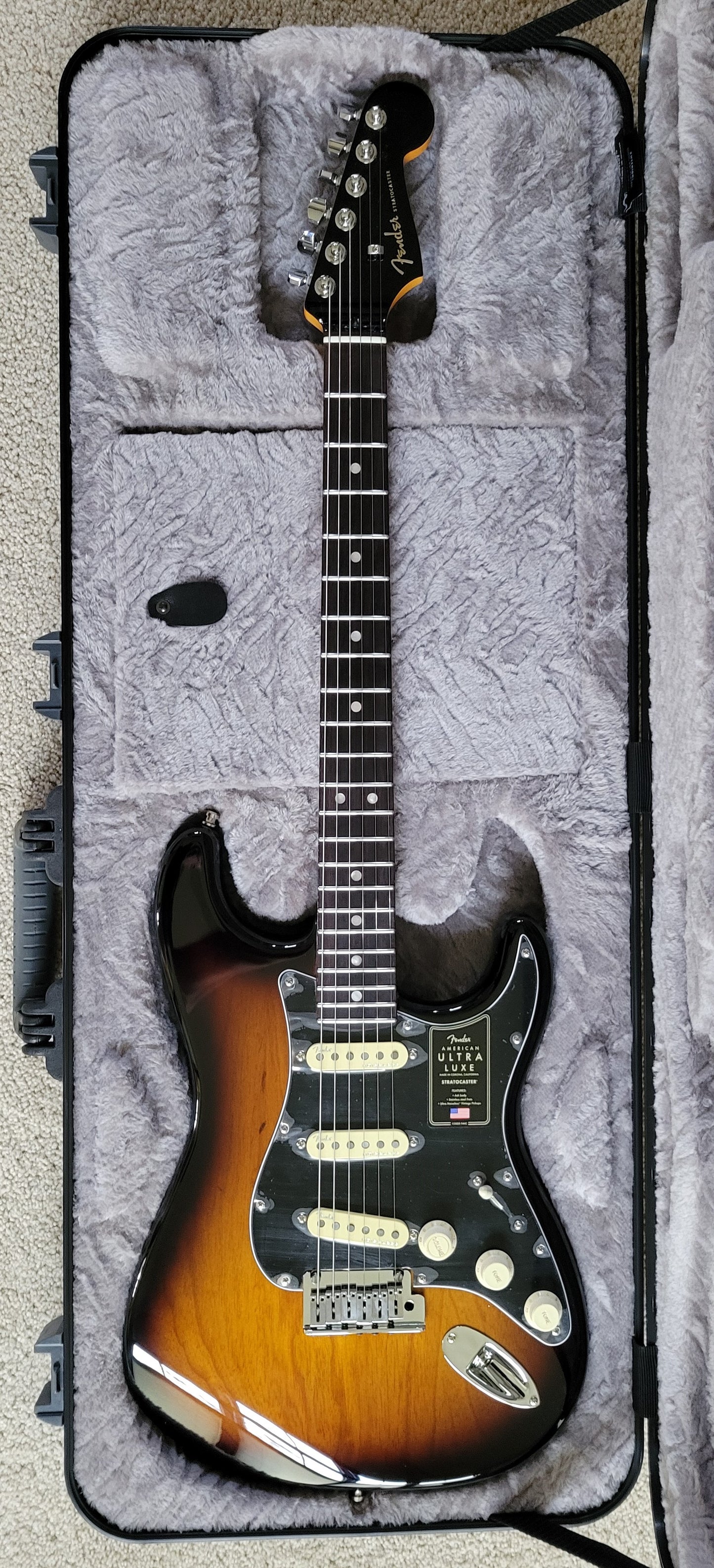 Fender American Ultra Luxe Stratocaster Electric Guitar, 2 Color Sunburst, Premium Molded Hardshell Case