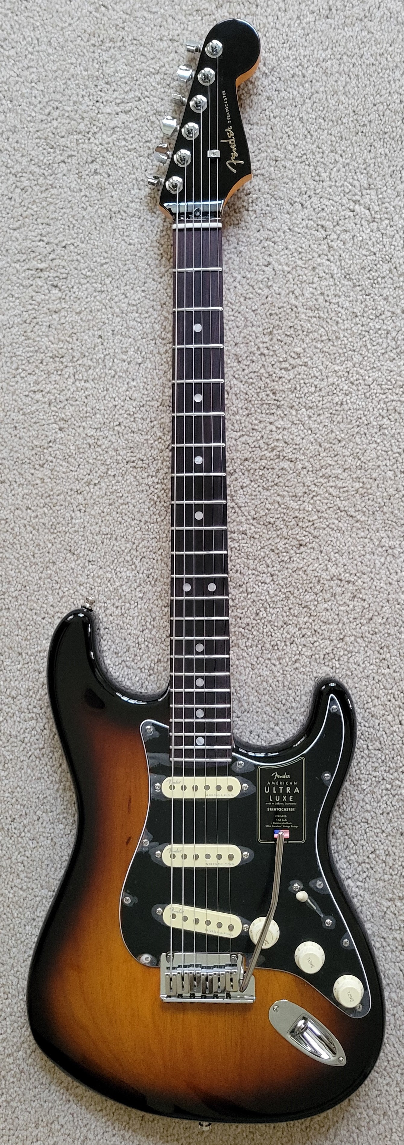 Fender American Ultra Luxe Stratocaster Electric Guitar, 2 Color Sunburst, Premium Molded Hardshell Case
