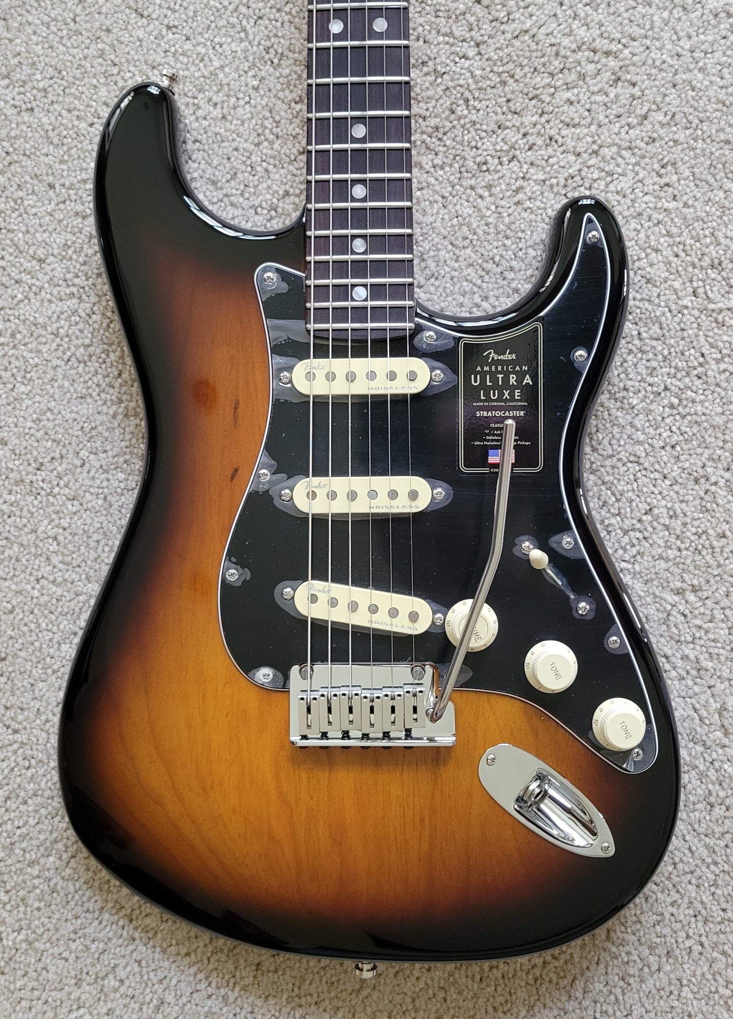 Fender American Ultra Luxe Stratocaster Electric Guitar, 2 Color Sunburst, Premium Molded Hardshell Case