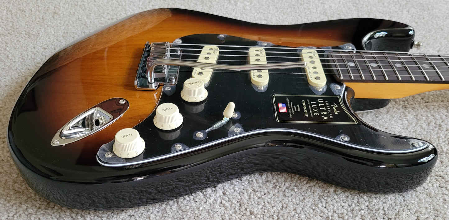 Fender American Ultra Luxe Stratocaster Electric Guitar, 2 Color Sunburst, Premium Molded Hardshell Case