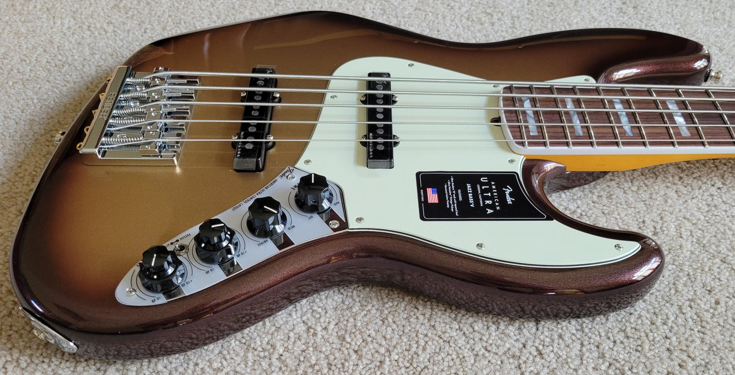 Fender American Ultra Jazz Bass V Guitar, Mocha Burst, Premium Molded Case
