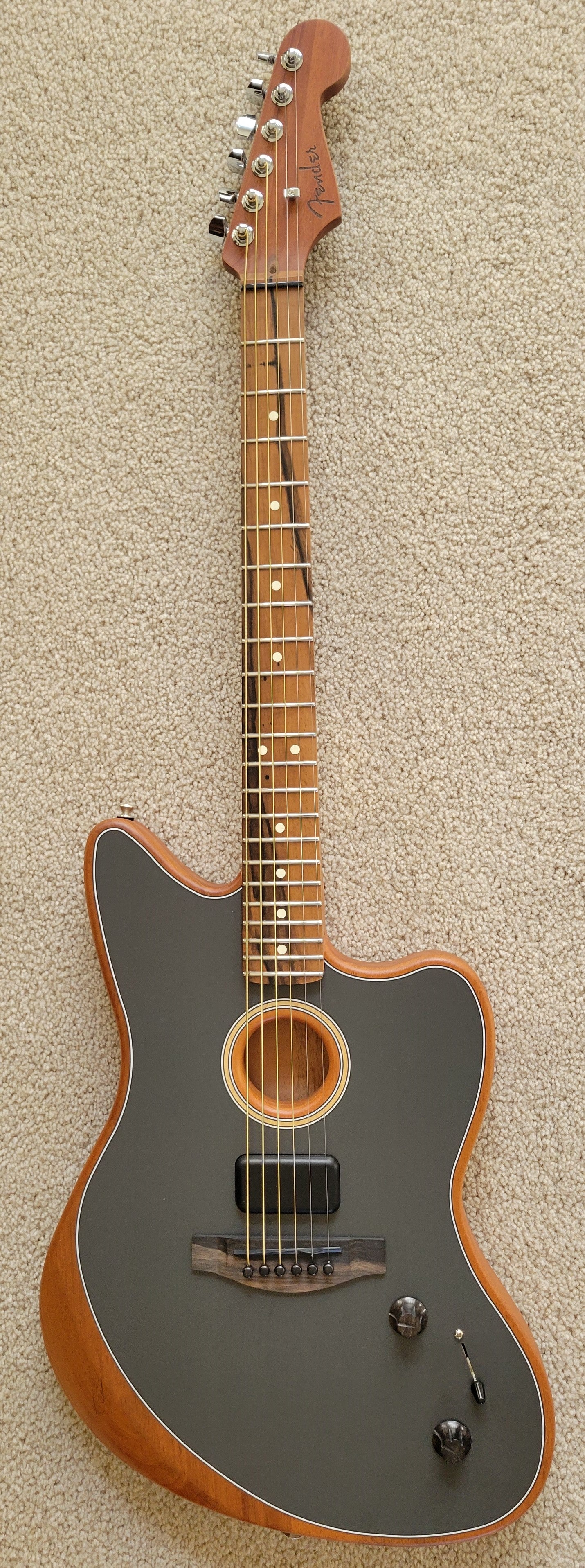 Fender American Acoustasonic Jazzmaster Electric Guitar, Tungsten, Gig Bag