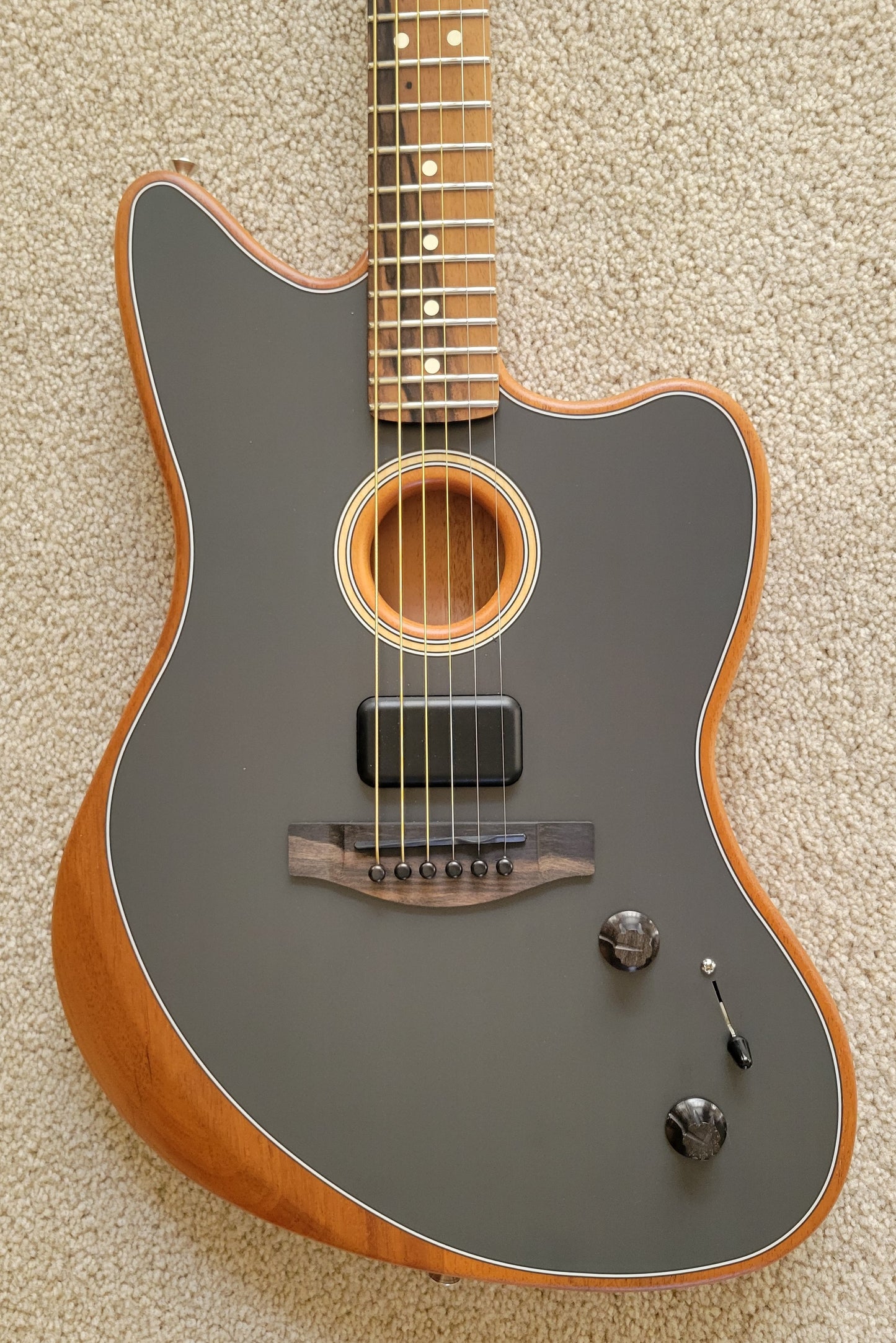 Fender American Acoustasonic Jazzmaster Electric Guitar, Tungsten, Gig Bag