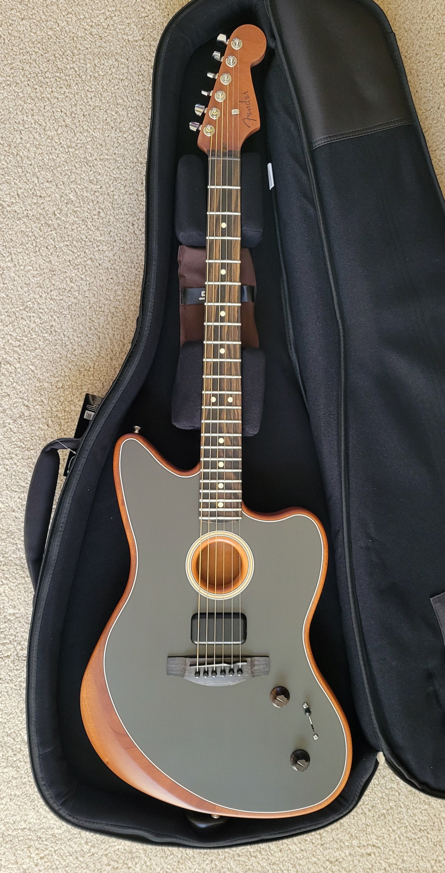 Fender American Acoustasonic Jazzmaster Electric Guitar, Tungsten, Gig Bag