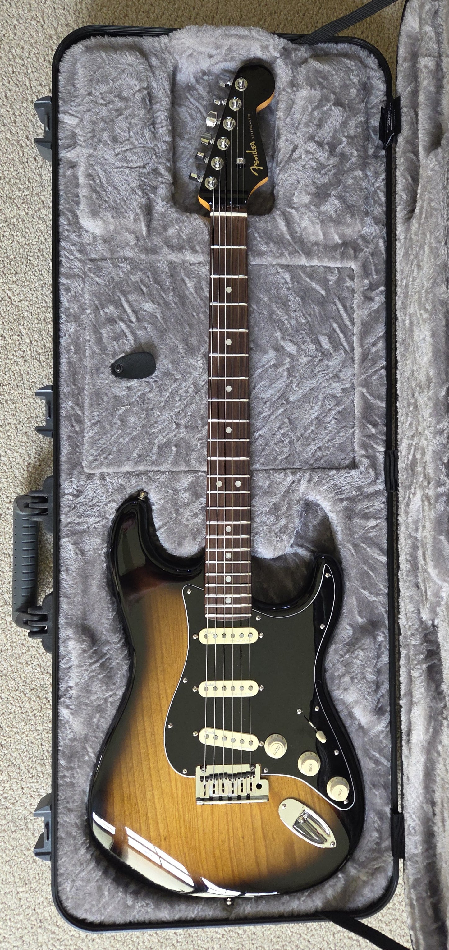 Fender American Ultra Luxe Stratocaster Electric Guitar, 2 Color Sunburst, Premium Molded Hardshell Case