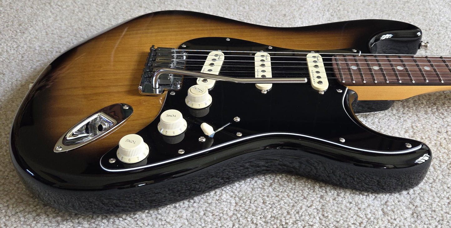 Fender American Ultra Luxe Stratocaster Electric Guitar, 2 Color Sunburst, Premium Molded Hardshell Case