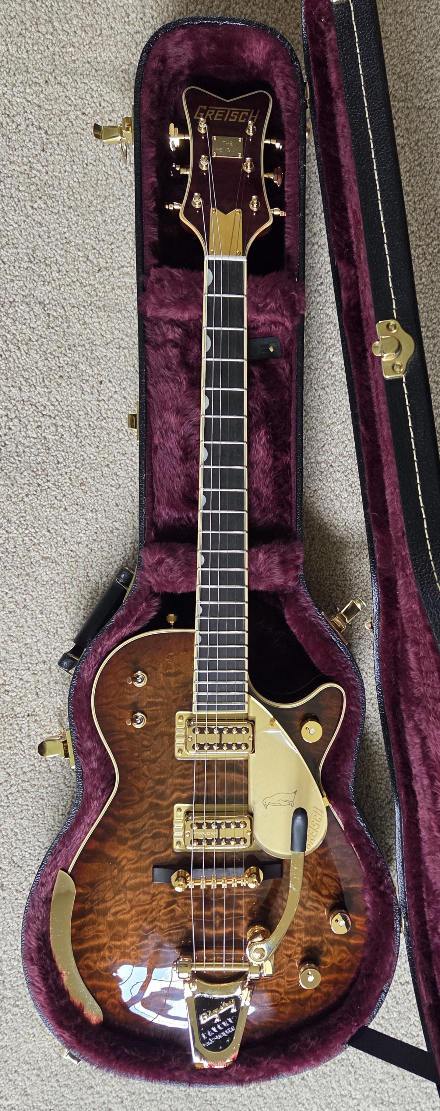 Gretsch G6134TGQM-59 Limited Edition Quilt Classic Penguin Electric Guitar, Forge Glow, Bigsby, Hard Shell Case
