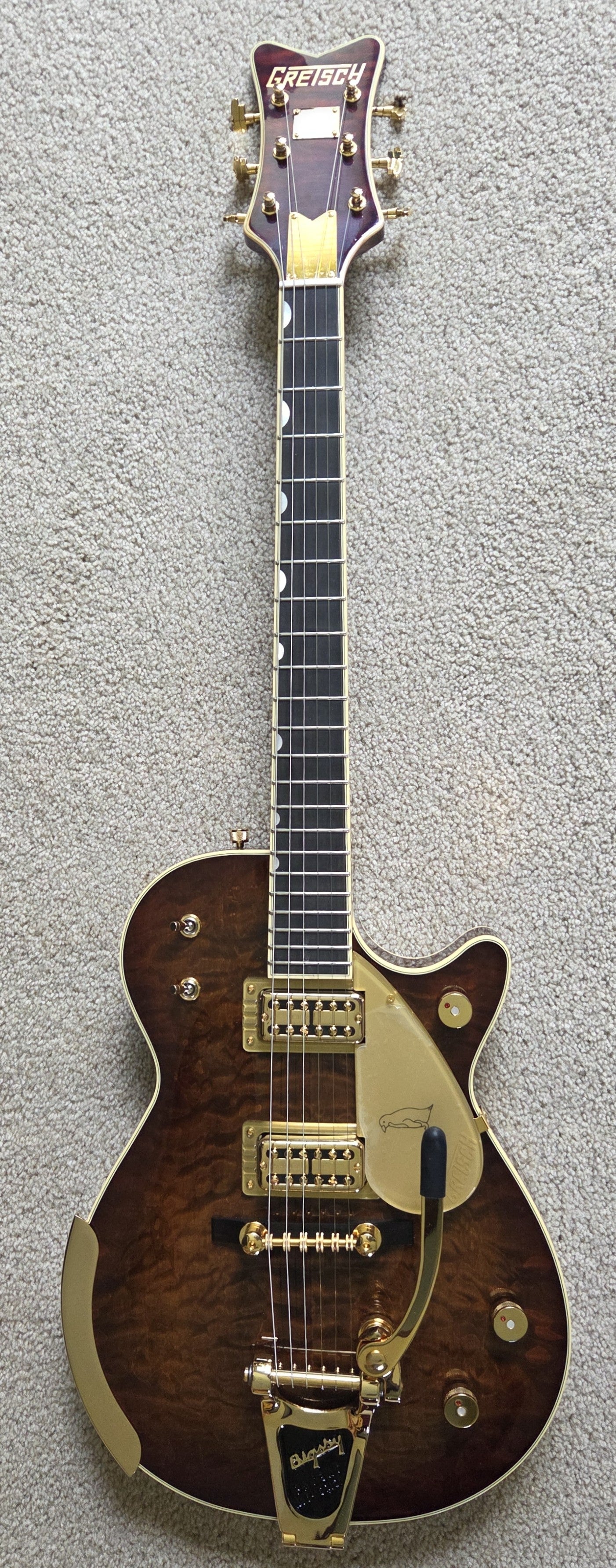 Gretsch G6134TGQM-59 Limited Edition Quilt Classic Penguin Electric Guitar, Forge Glow, Bigsby, Hard Shell Case