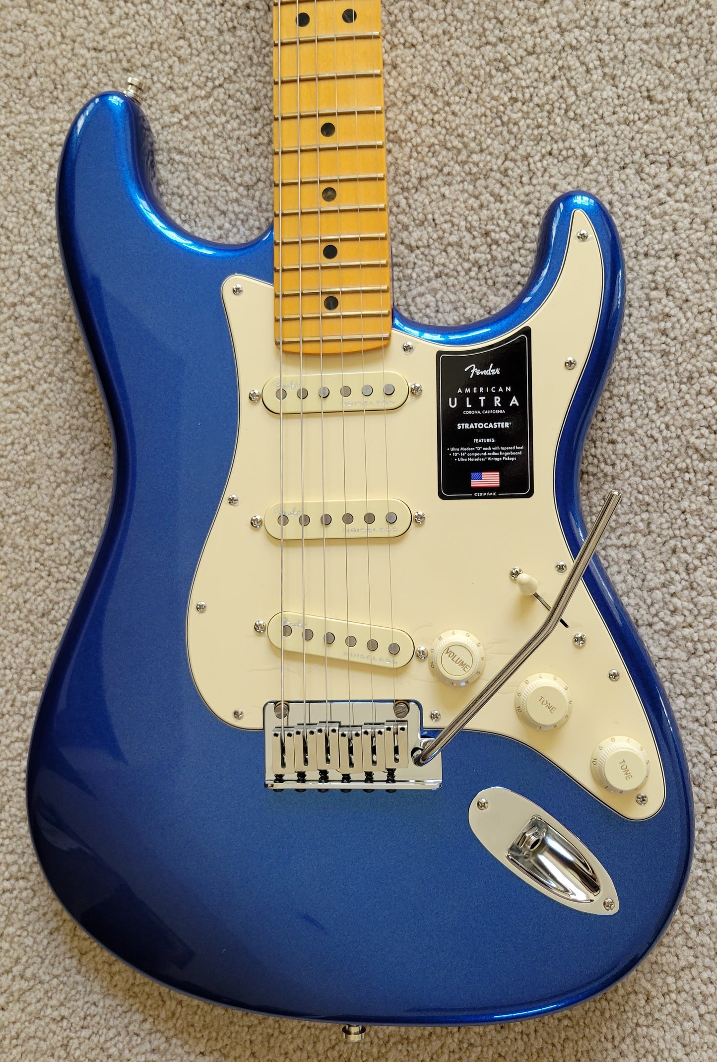Fender American Ultra Stratocaster Electric Guitar, Cobra Blue, Elite Molded Case