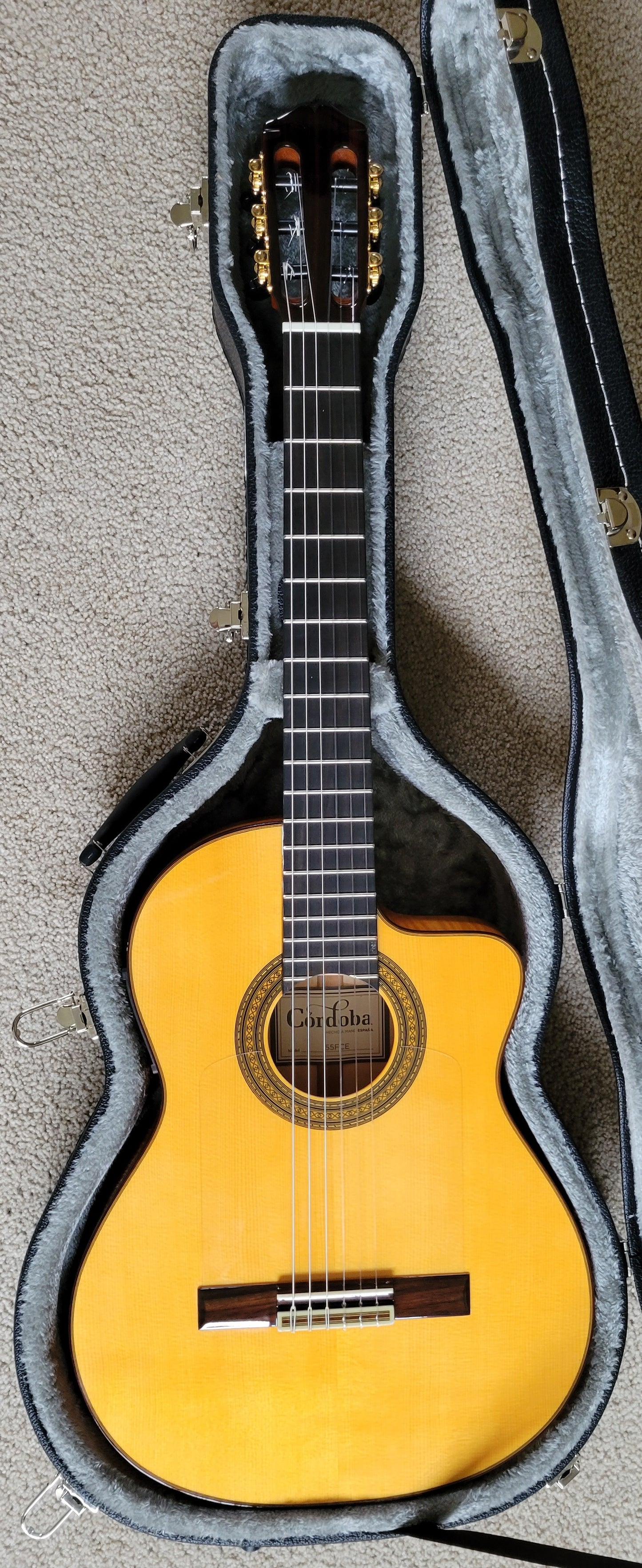Cordoba 55FCE Thinbody Classical Acoustic Electric Guitar, Honey Amber, New Hard Shell Case