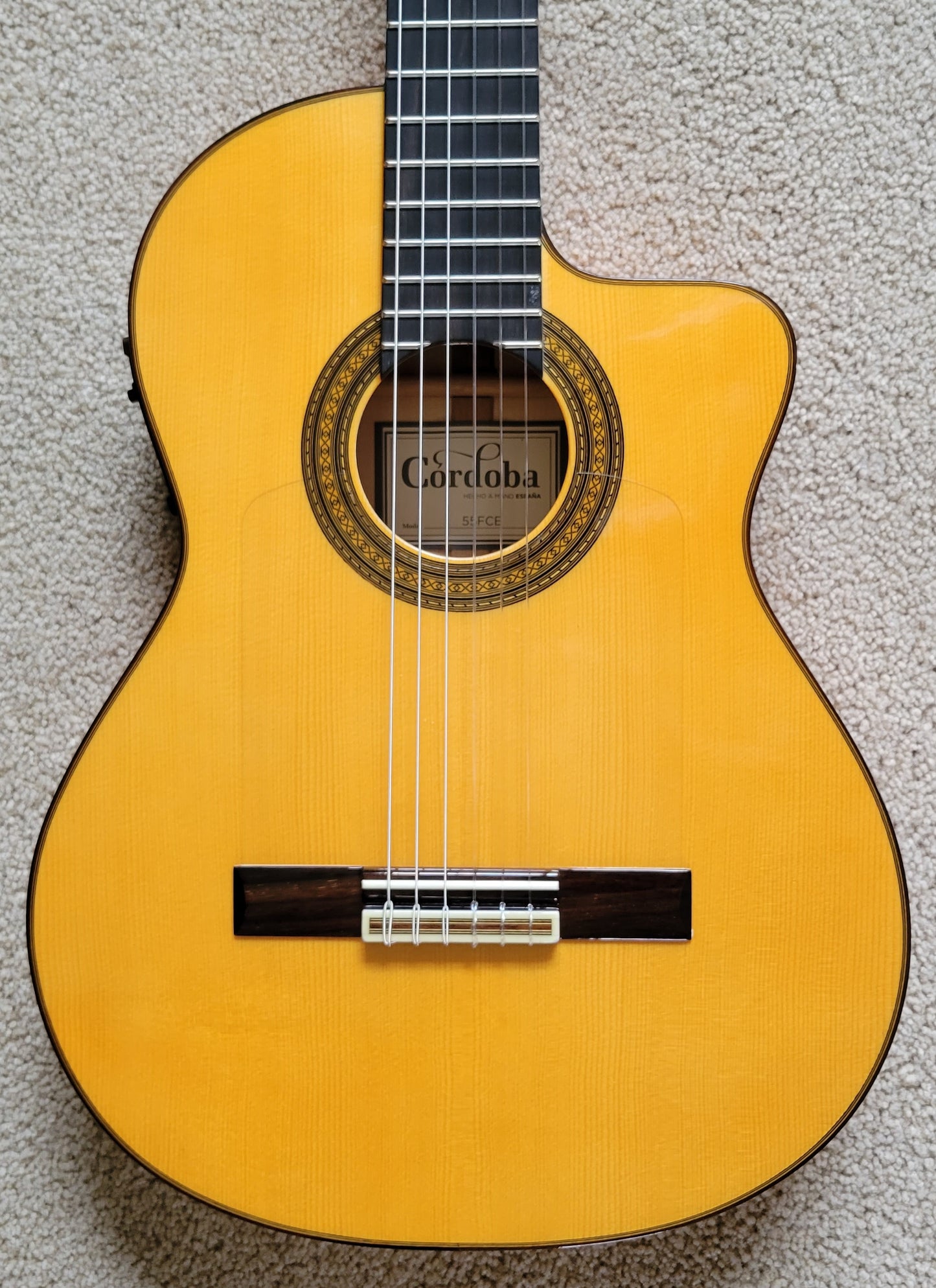 Cordoba 55FCE Thinbody Classical Acoustic Electric Guitar, Honey Amber, New Hard Shell Case