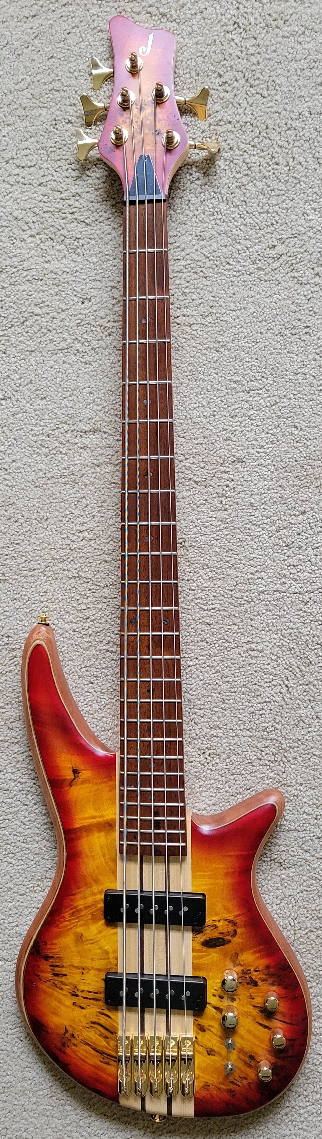 Jackson Pro Series Spectra SBP V Bass Guitar, Transparent Cherry Burst, New Hard Shell Case