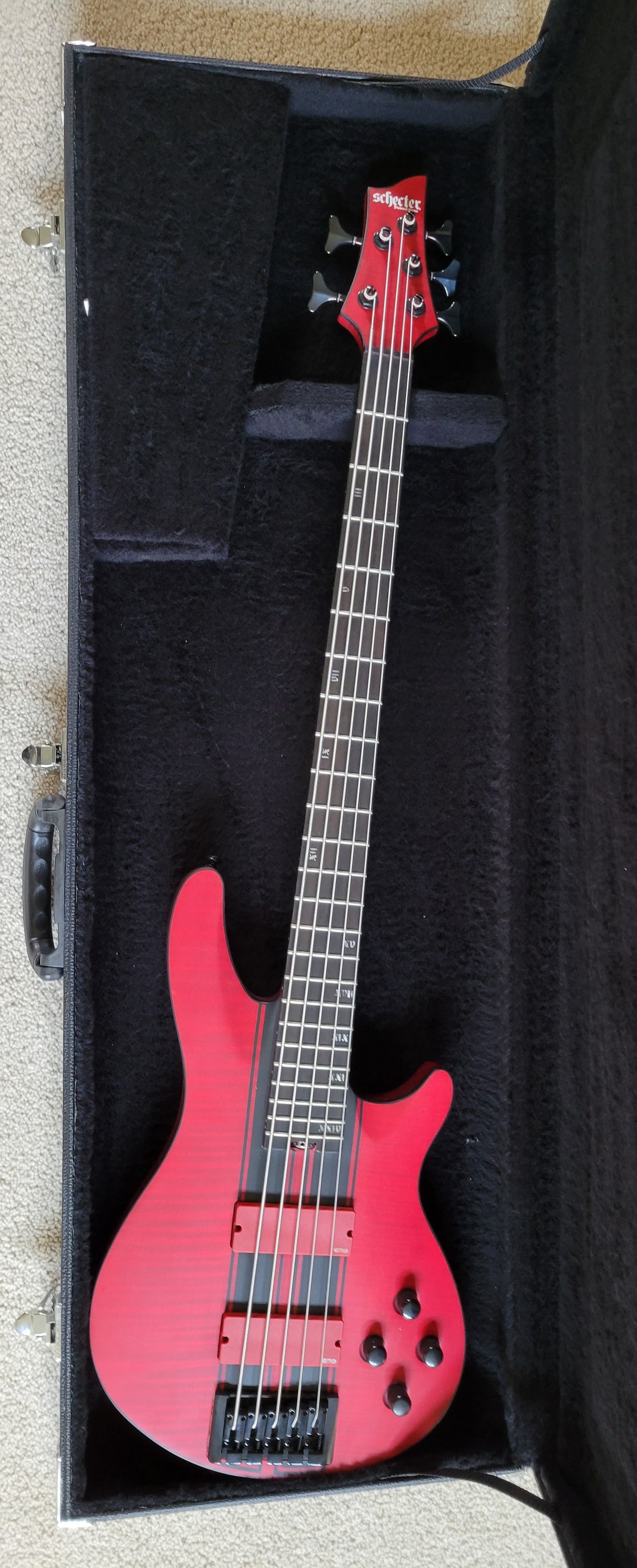 Schecter C-5 GT 5 String Electric Bass Guitar, Satin Trans Red with Stripe, New Hard Shell Case