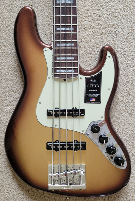 Fender American Ultra Jazz Bass V Guitar, Mocha Burst, Premium Molded Case