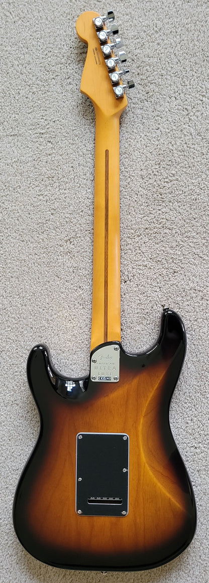 Fender American Ultra Luxe Stratocaster Electric Guitar, 2 Color Sunburst, Premium Molded Hardshell Case
