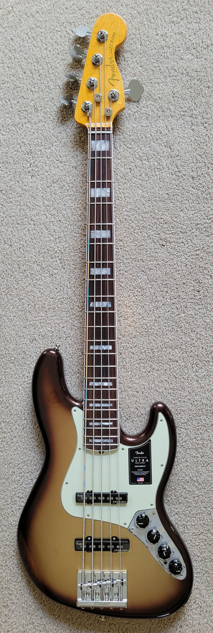 Fender American Ultra Jazz Bass V Guitar, Mocha Burst, Premium Molded Case