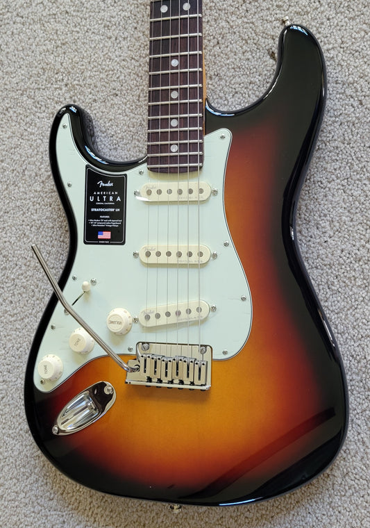 Fender American Ultra Stratocaster Left Handed Electric Guitar, Ultraburst, Premium Hard Shell Case
