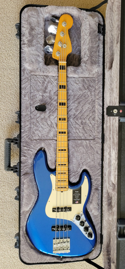 Fender American Ultra Jazz Bass Guitar, Cobra Blue, Elite Molded Hardshell Case