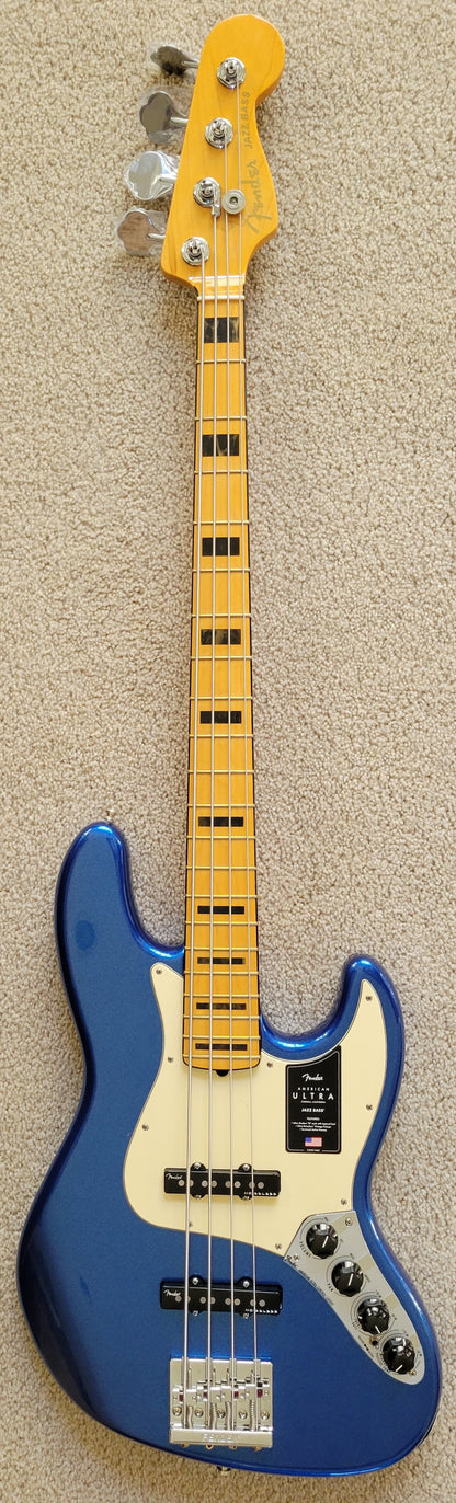 Fender American Ultra Jazz Bass Guitar, Cobra Blue, Elite Molded Hardshell Case