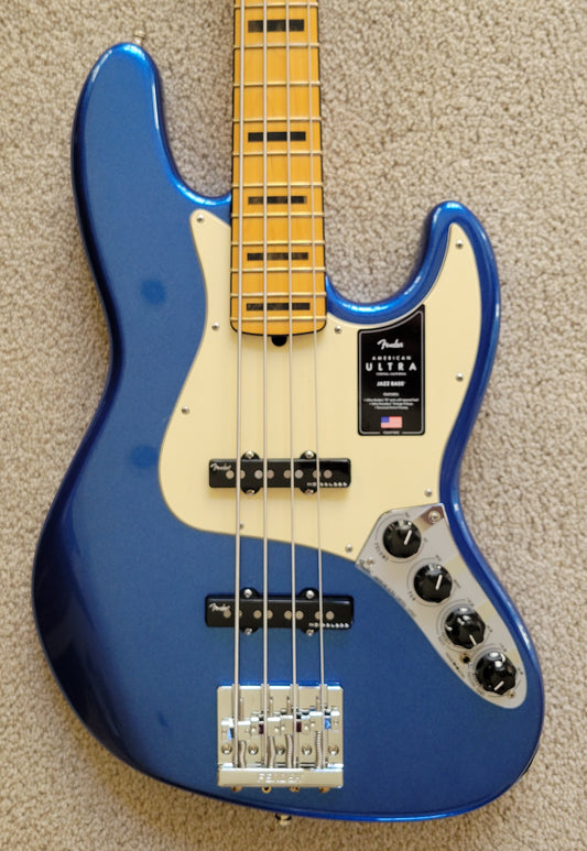 Fender American Ultra Jazz Bass Guitar, Cobra Blue, Elite Molded Hardshell Case