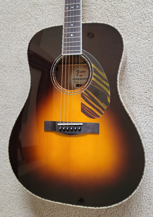 Fender Paramount PD-220E Dreadnought Acoustic Electric Guitar, 3-Color Vintage Sunburst, Hard Shell Case