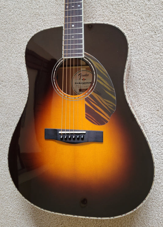 Fender Paramount PD-220E Dreadnought Acoustic Electric Guitar, 3-Color Vintage Sunburst, Hard Shell Case