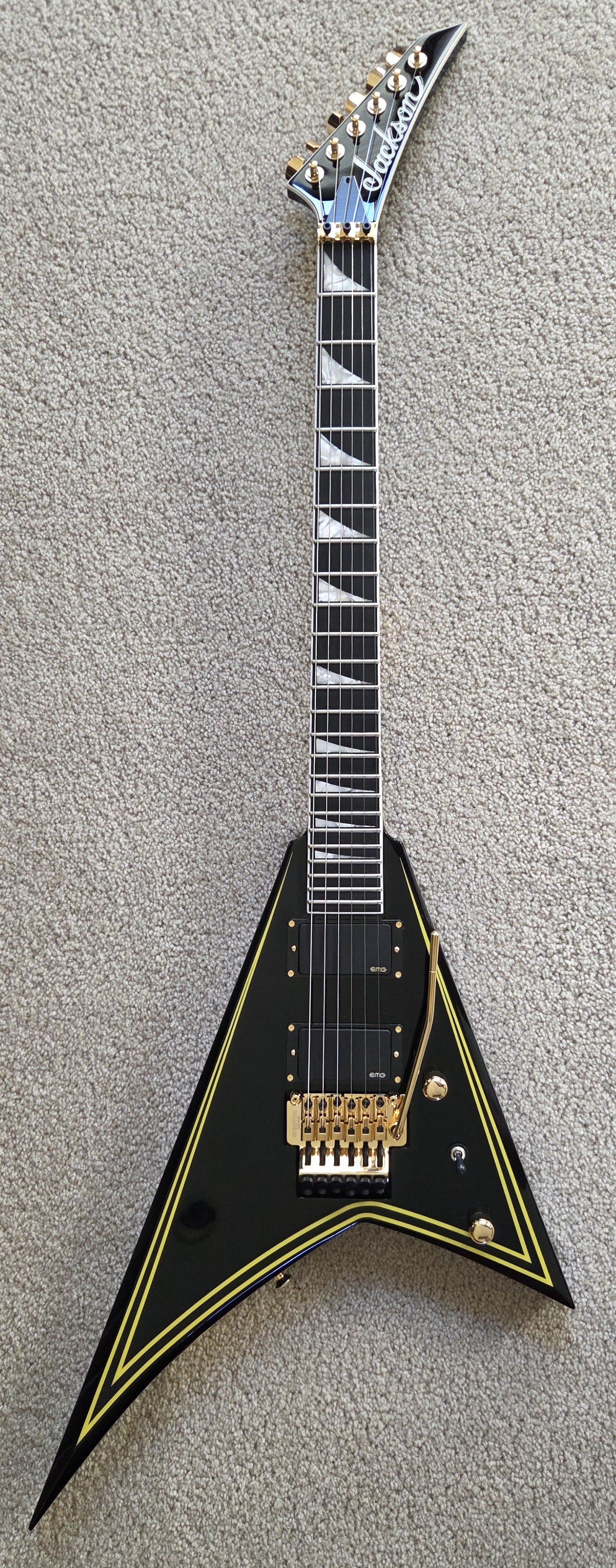 Jackson MJ Series Rhoads RR24MG Electric Guitar, Black with Yellow Pinstripes, Foam Core Fitted Case