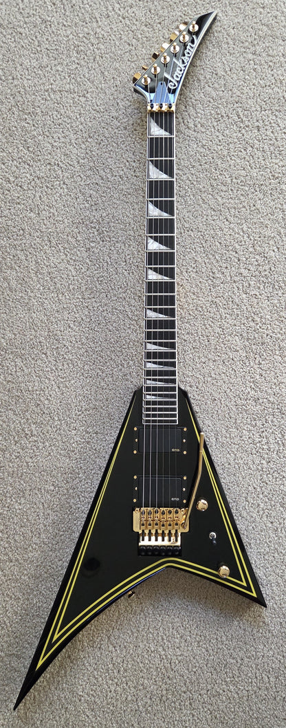 Jackson MJ Series Rhoads RR24MG Electric Guitar, Black with Yellow Pinstripes, Foam Core Fitted Case