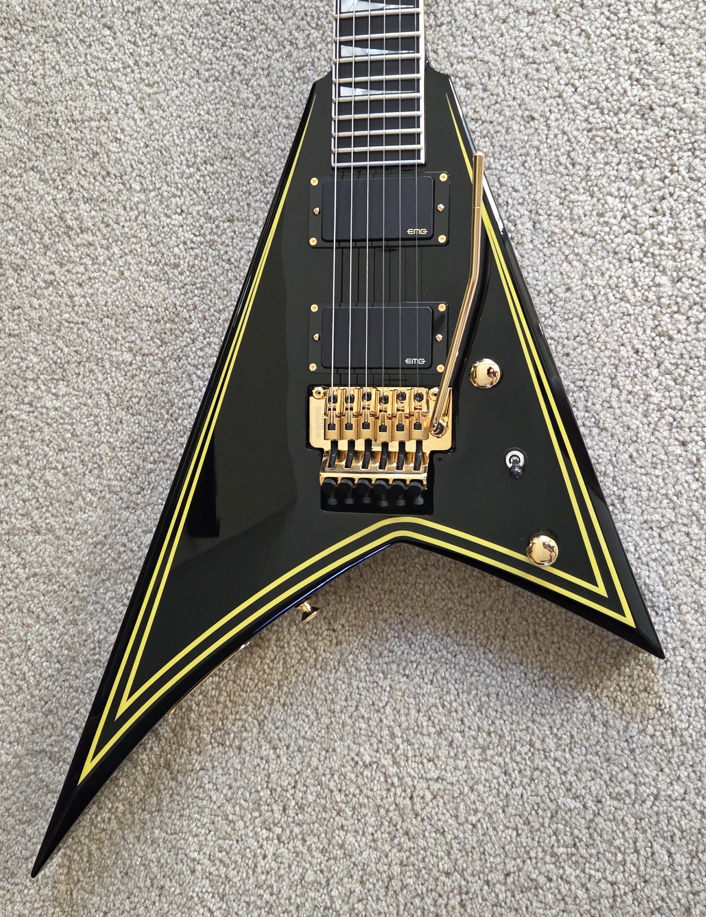 Jackson MJ Series Rhoads RR24MG Electric Guitar, Black with Yellow Pinstripes, Foam Core Fitted Case