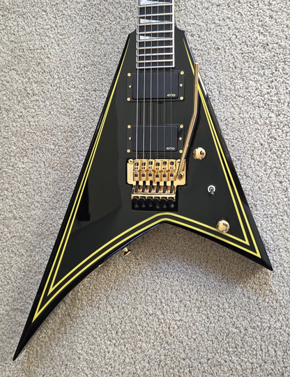 Jackson MJ Series Rhoads RR24MG Electric Guitar, Black with Yellow Pinstripes, Foam Core Fitted Case