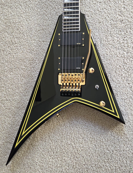 Jackson MJ Series Rhoads RR24MG Electric Guitar, Black with Yellow Pinstripes, Foam Core Fitted Case