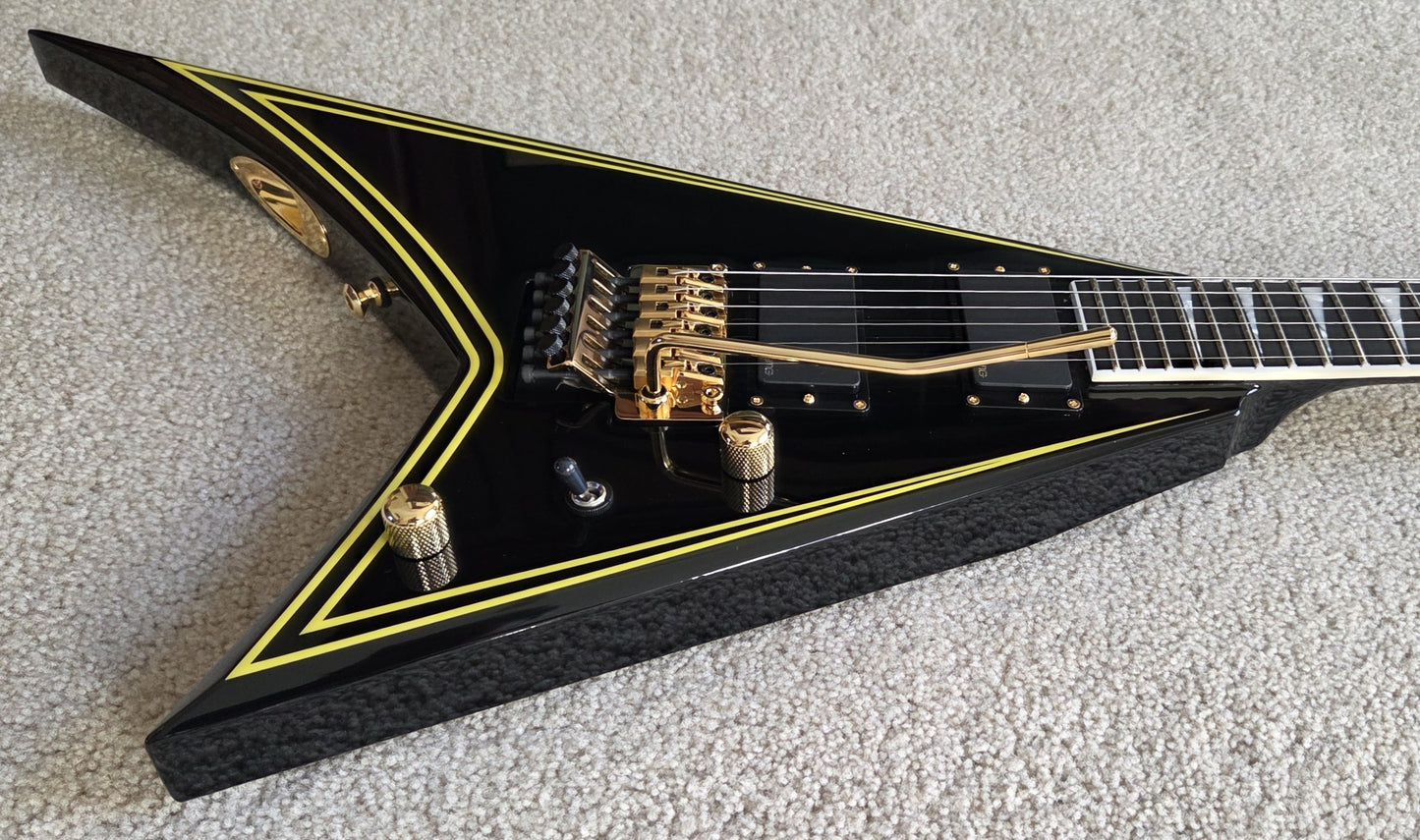 Jackson MJ Series Rhoads RR24MG Electric Guitar, Black with Yellow Pinstripes, Foam Core Fitted Case