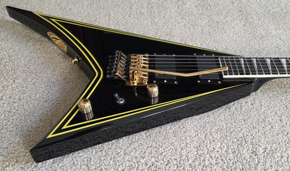 Jackson MJ Series Rhoads RR24MG Electric Guitar, Black with Yellow Pinstripes, Foam Core Fitted Case