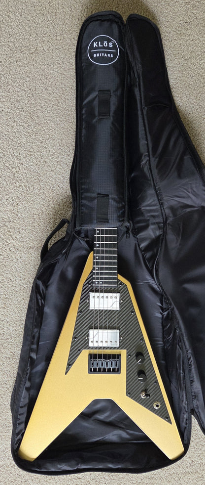 KLOS Vector Custom V-style Electric Guitar, Gold Finish, Carbon Fiber Neck, Gig Bag