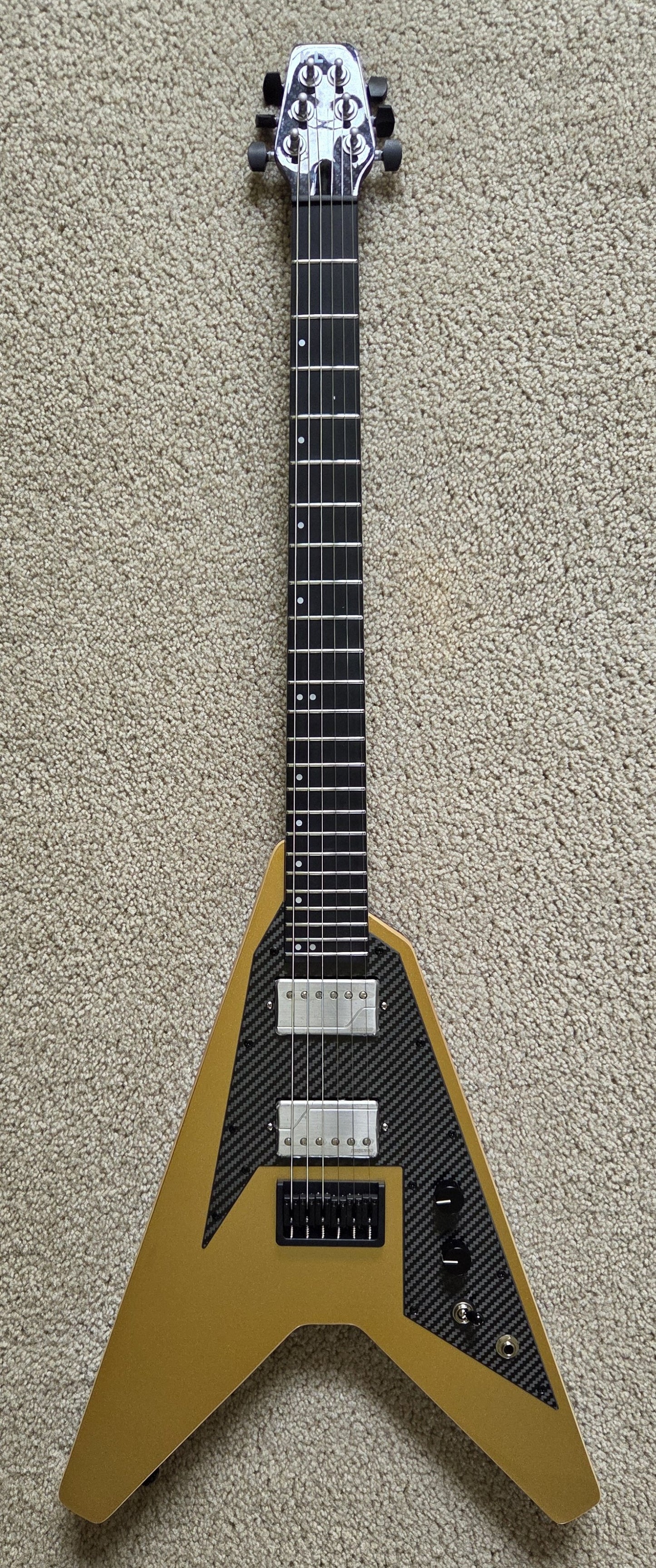KLOS Vector Custom V-style Electric Guitar, Gold Finish, Carbon Fiber Neck, Gig Bag