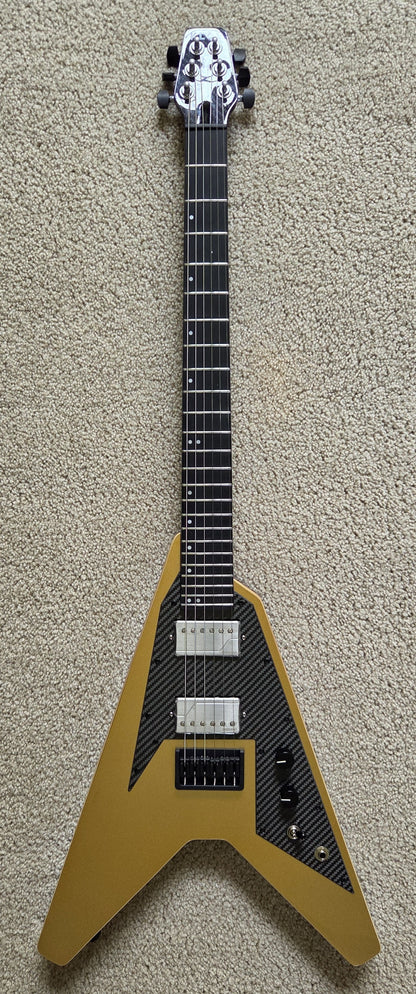 KLOS Vector Custom V-style Electric Guitar, Gold Finish, Carbon Fiber Neck, Gig Bag