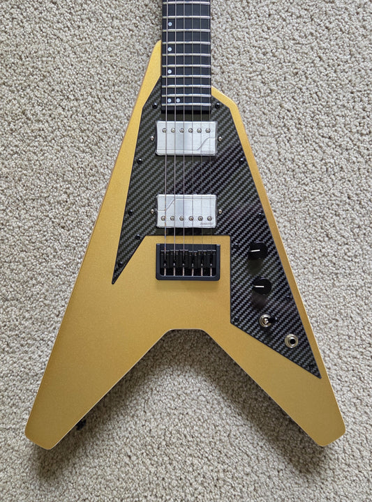 KLOS Vector Custom V-style Electric Guitar, Gold Finish, Carbon Fiber Neck, Gig Bag