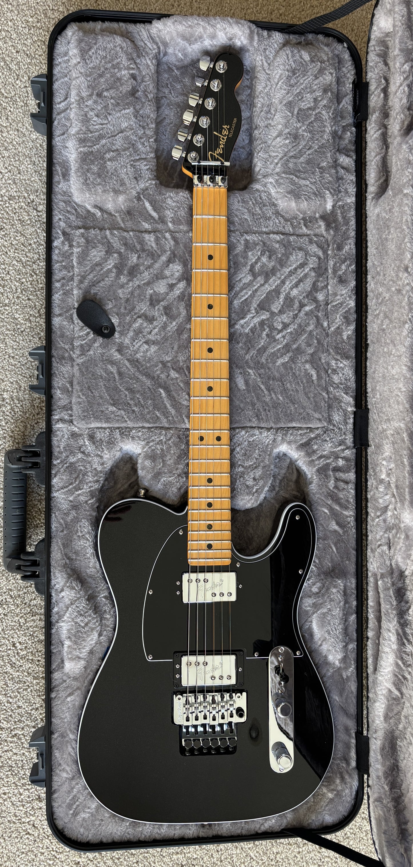 Fender American Ultra Luxe Telecaster Electric Guitar, Floyd Rose, Mystic Black, Deluxe Hardshell Case