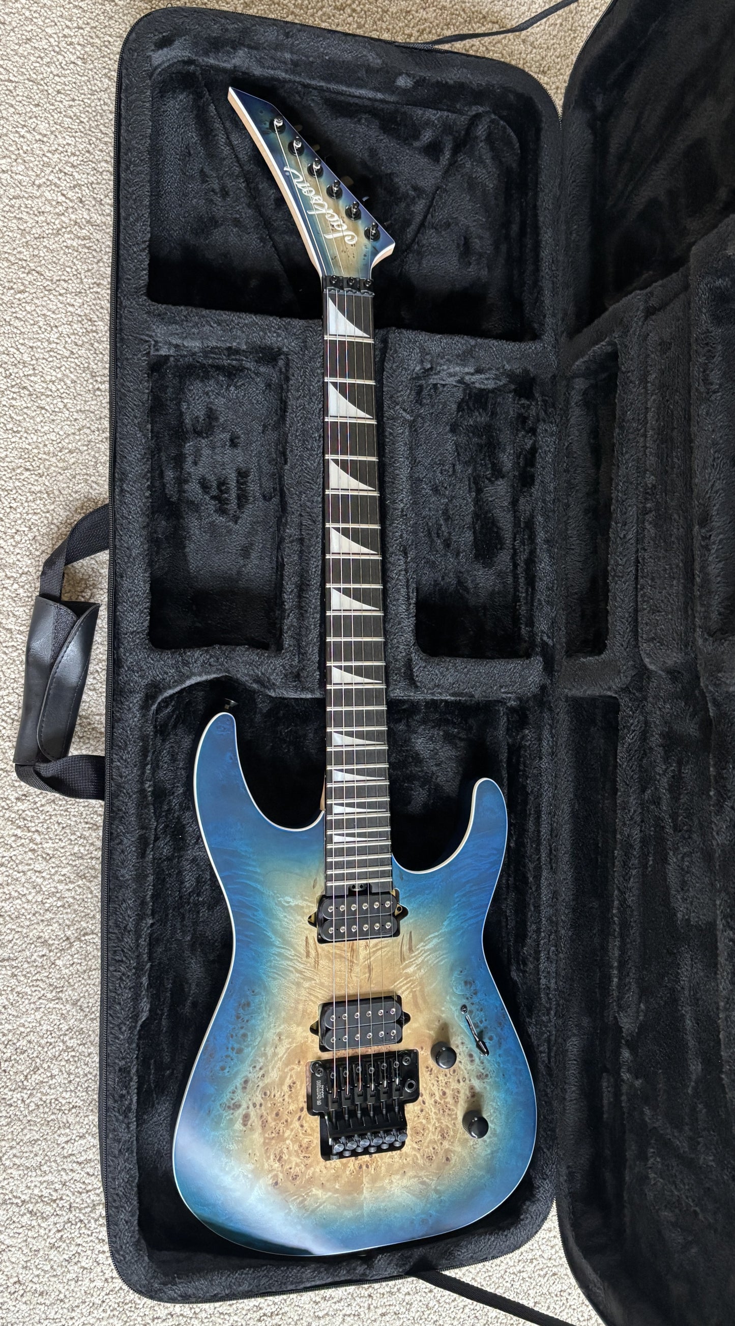 Jackson MJ Series Dinky DKRP Electric Guitar, Transparent Blue Burst, Foam Core Case