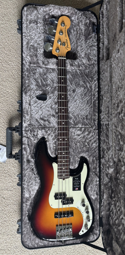 Fender American Ultra Precision Bass Guitar, Ultraburst, Premium Molded Hardshell Case