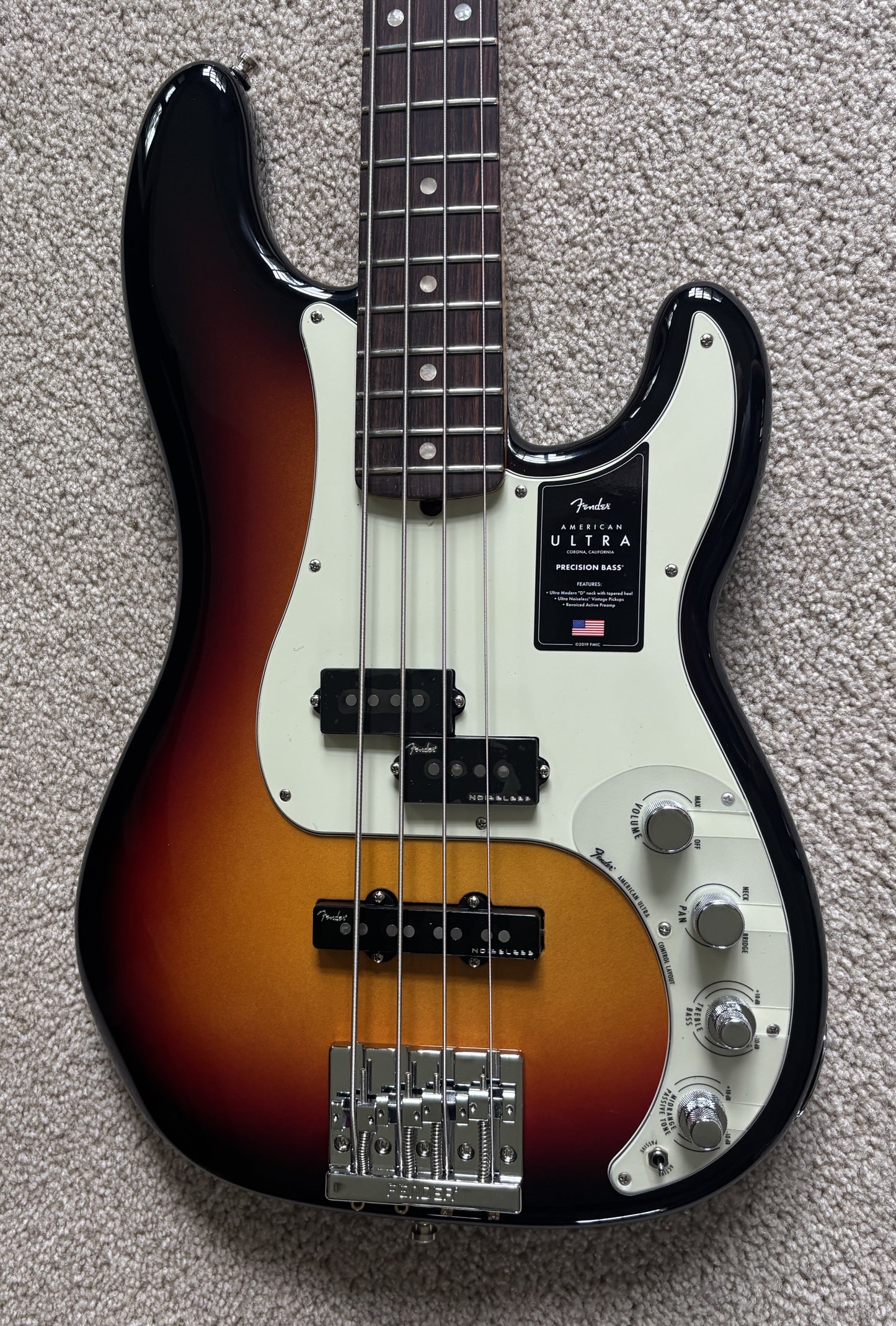 Fender American Ultra Precision Bass Guitar, Ultraburst, Premium Molded Hardshell Case