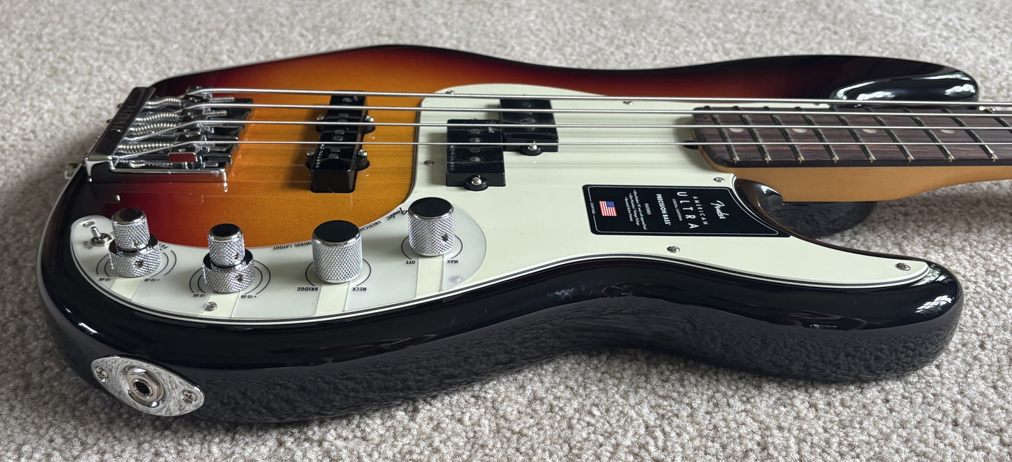 Fender American Ultra Precision Bass Guitar, Ultraburst, Premium Molded Hardshell Case