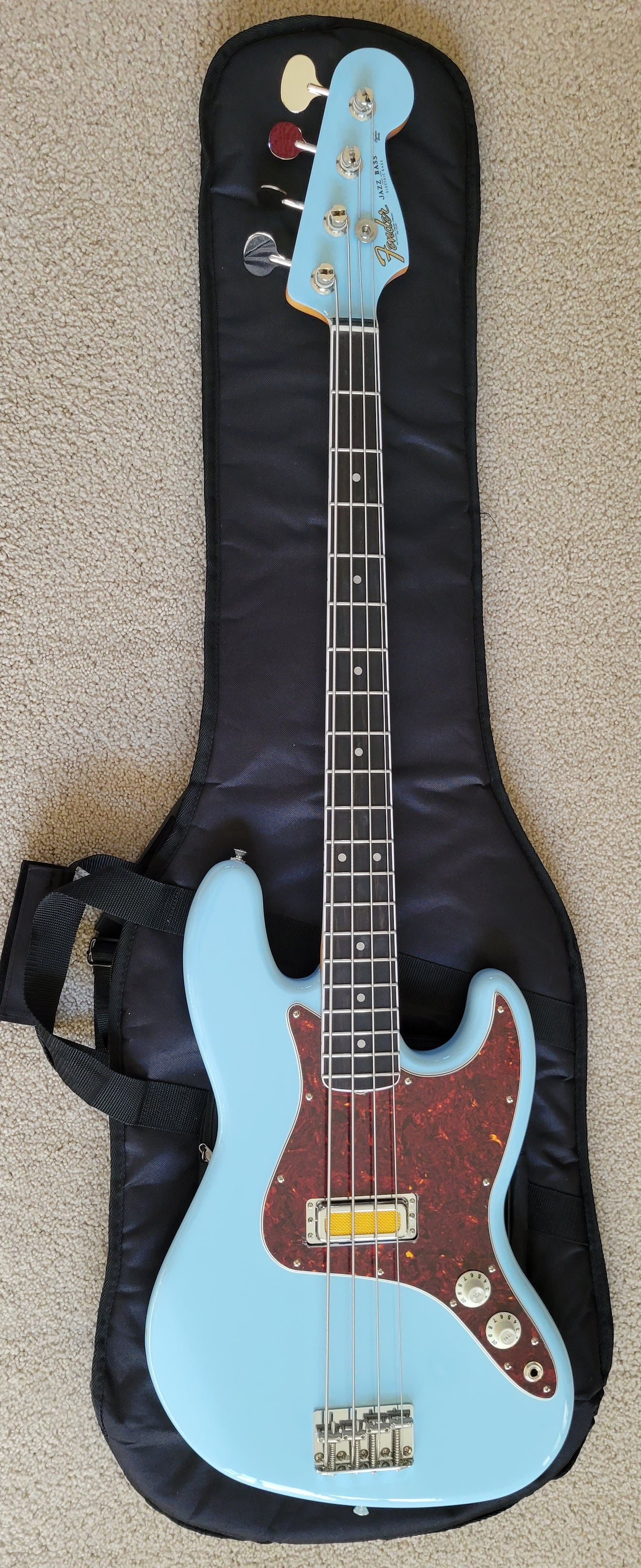 Fender Gold Foil Jazz Bass Electric Guitar, Sonic Blue, New Gig Bag