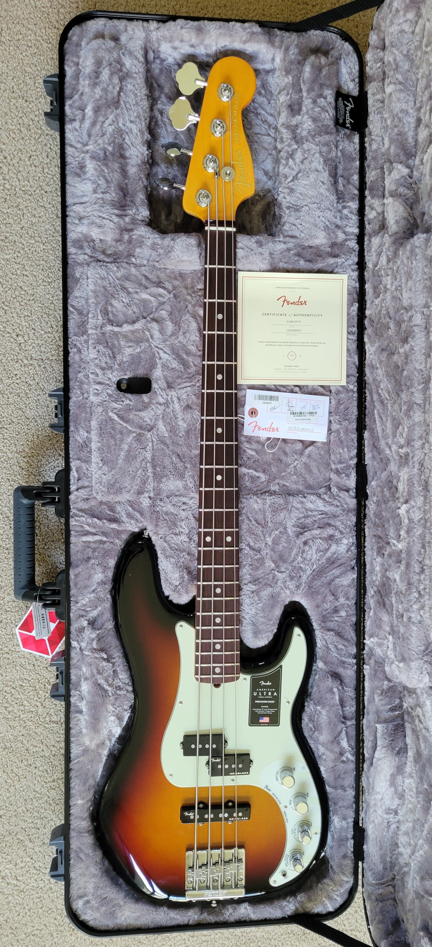 Fender American Ultra Precision Bass Guitar, Ultraburst, Premium Molded Hardshell Case